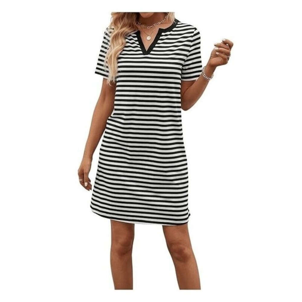 CUPSHE Women's Summer Striped Tshirt Dress Short Sleeve Notched V Neck Casual S
